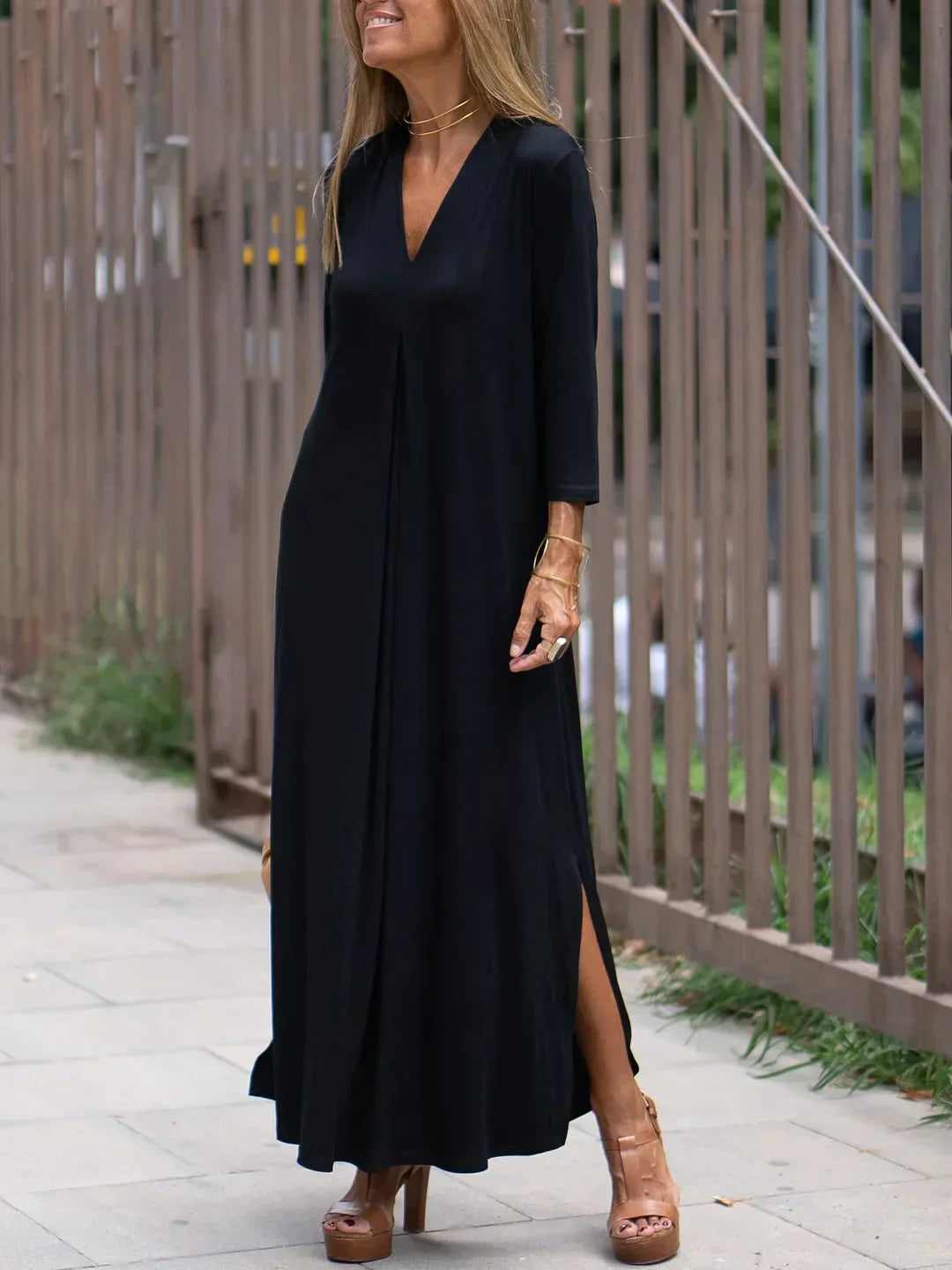 Eveloria Damen Langkleid Schlankmachend Jersey Schwarz - Eveloria