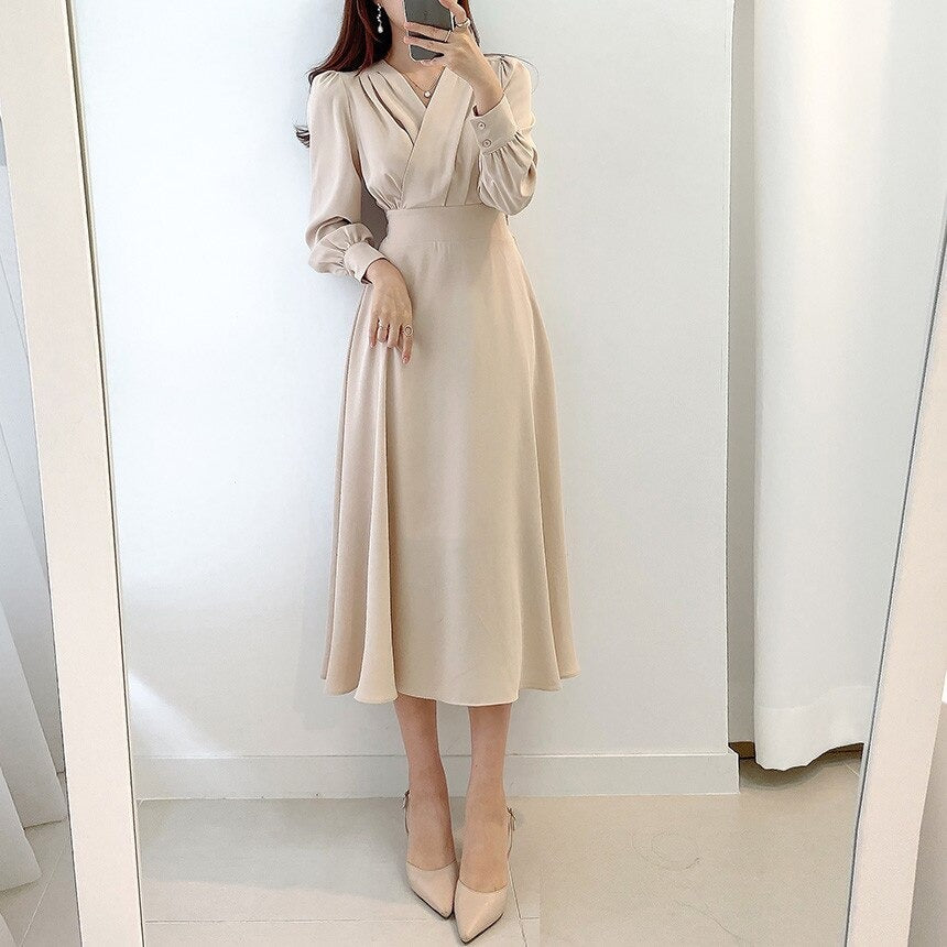 Eveloria Damenkleid Puffärmel V-Ausschnitt A-Linie