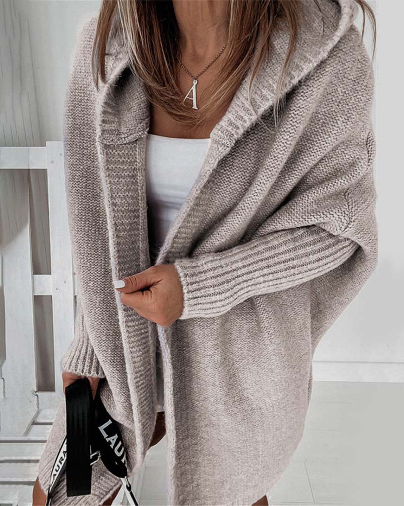 Eveloria Damen Strickjacke Einfarbig Kapuze FledermausÄrmel