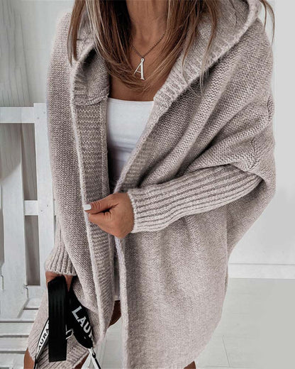 Eveloria Damen Strickjacke Einfarbig Kapuze FledermausÄrmel
