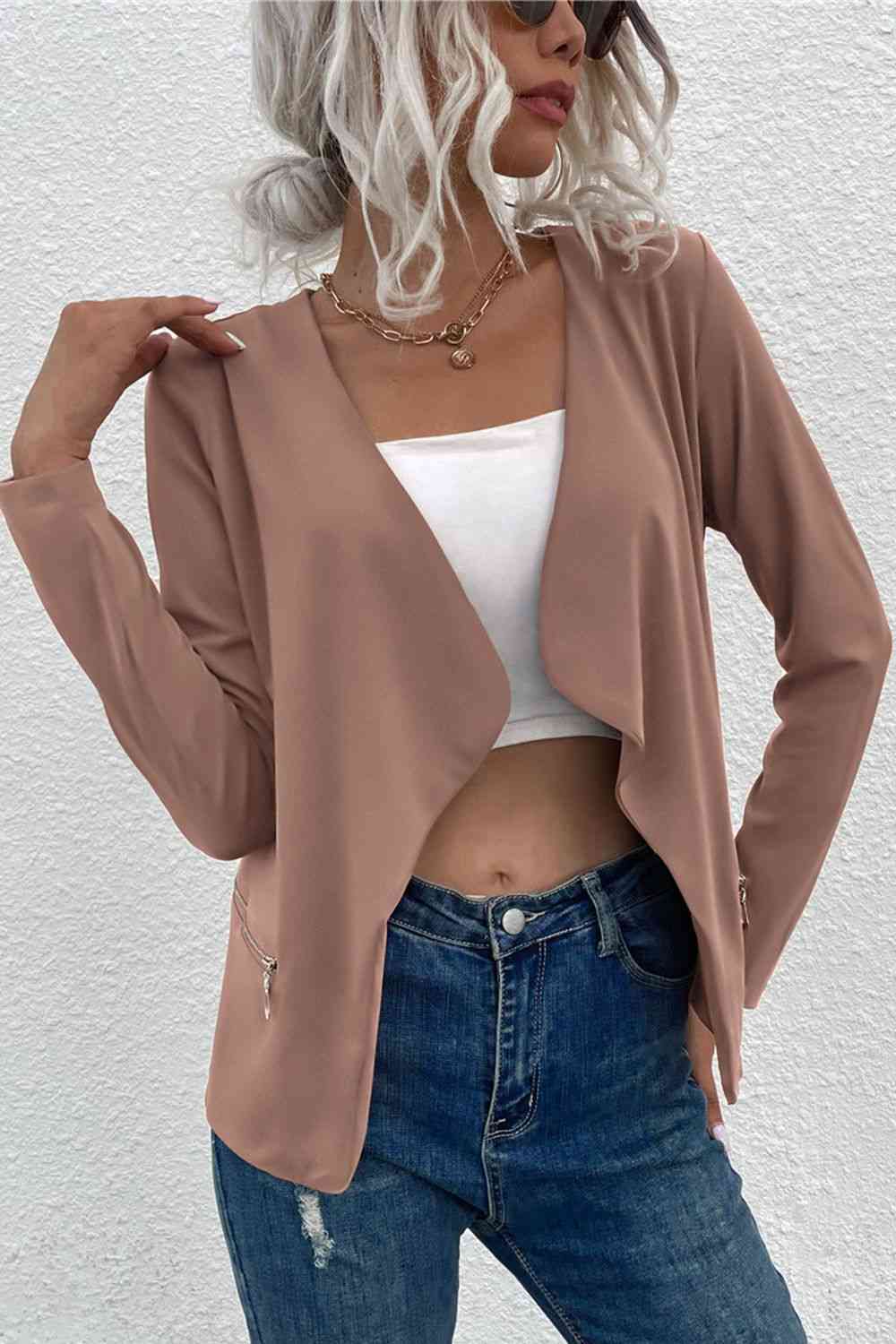 Damen Cardigan Offener Reißverschluss Taschen Kaschmir Beige