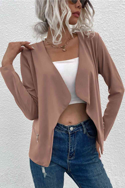 Damen Cardigan Offener Reißverschluss Taschen Kaschmir Beige