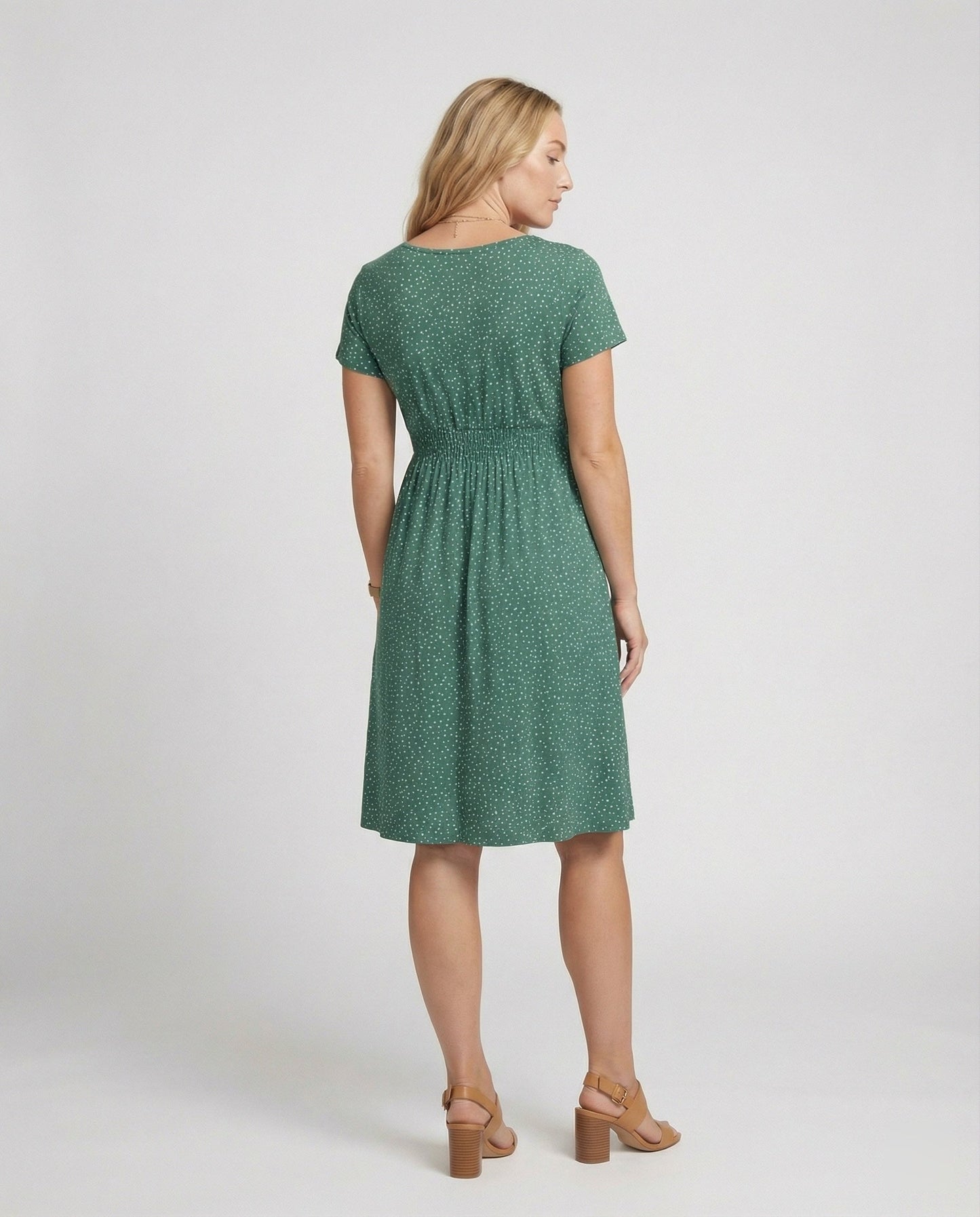 Damen Midikleid Grünes Punktmuster Kurzärmelig