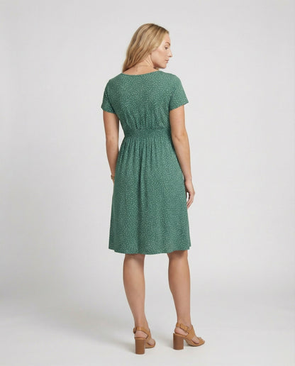 Damen Midikleid Grünes Punktmuster Kurzärmelig