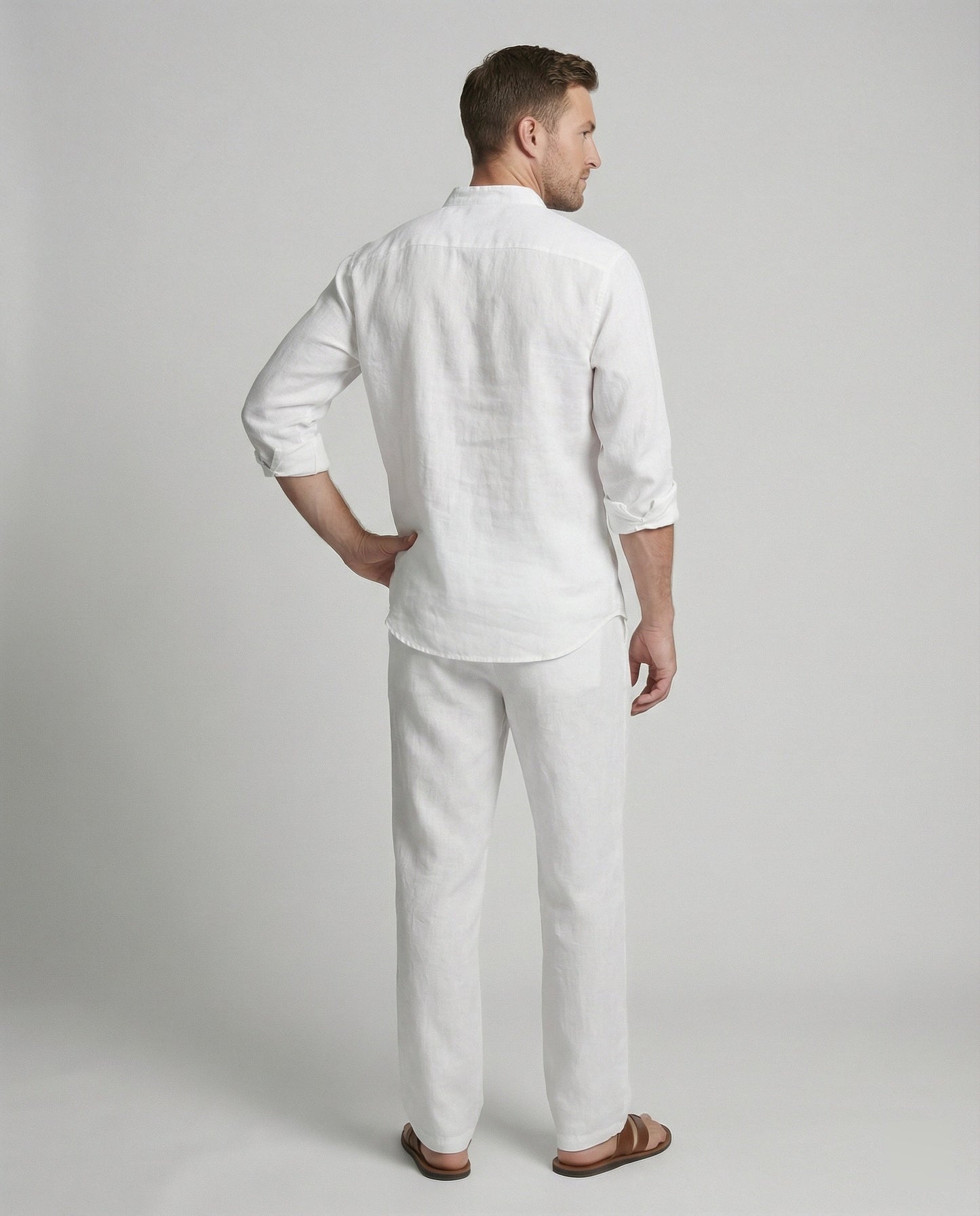 Elegantes Herren Leinenhemd Mit Kragen Weiß