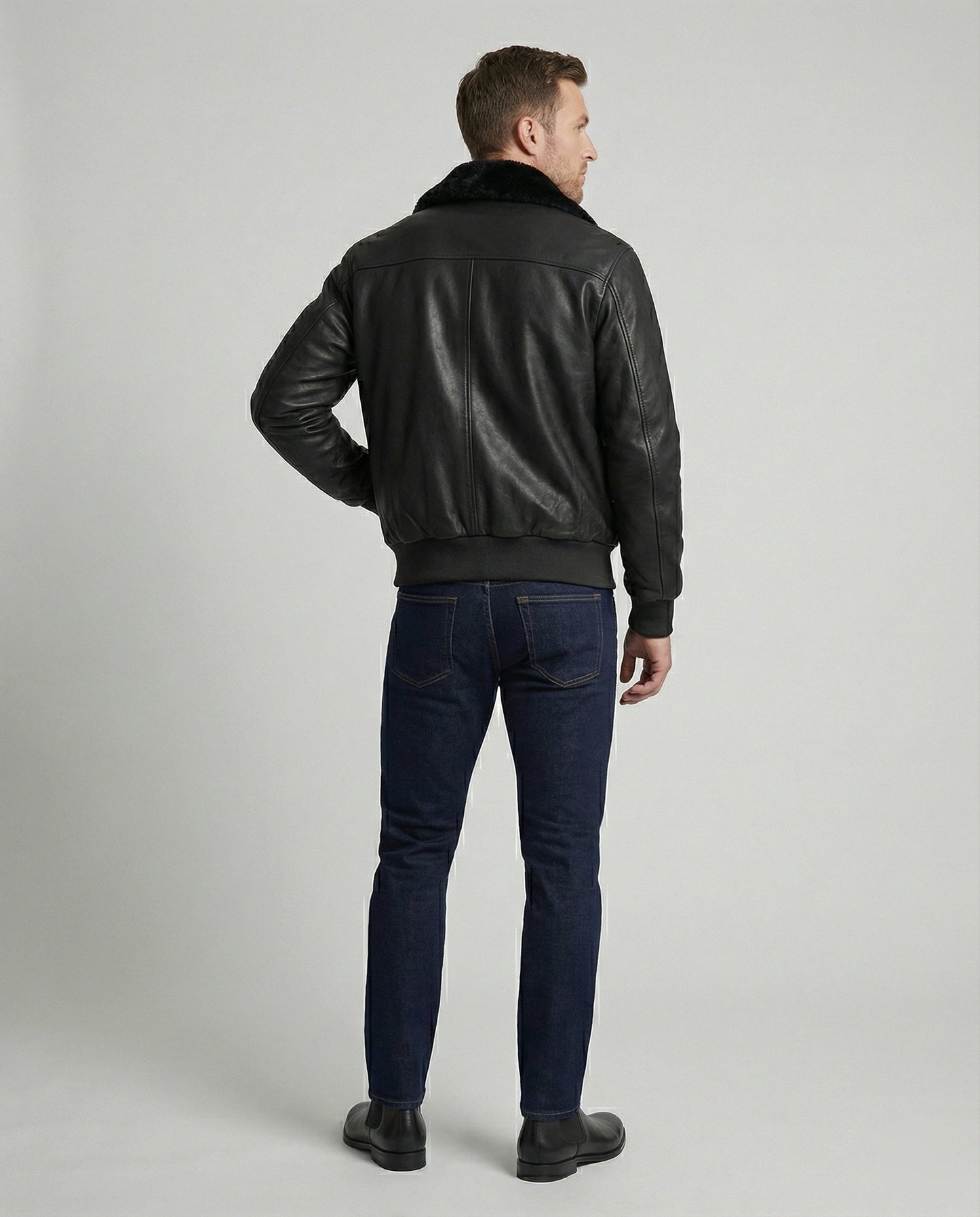 Herren Lederjacke Pilotenstil Teddykragen