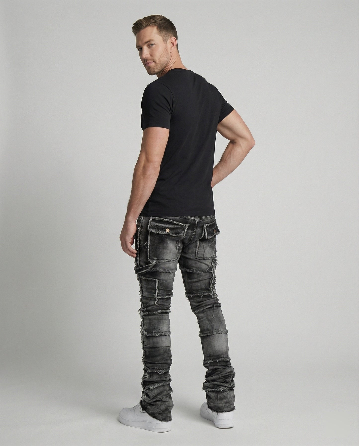 Herren Slim Fit Jeans Cargotaschen Darkblue