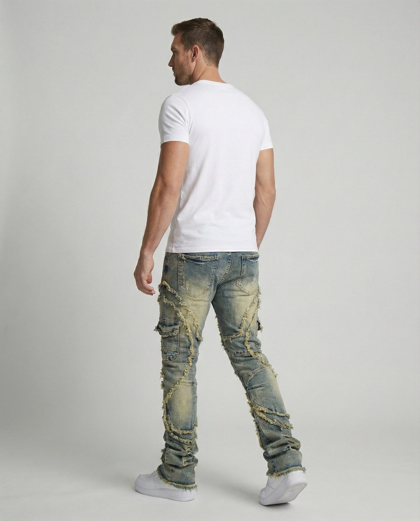 Herren Destroyed Jeans Cargotaschen Blau