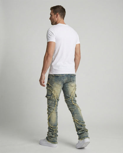 Herren Destroyed Jeans Cargotaschen Blau