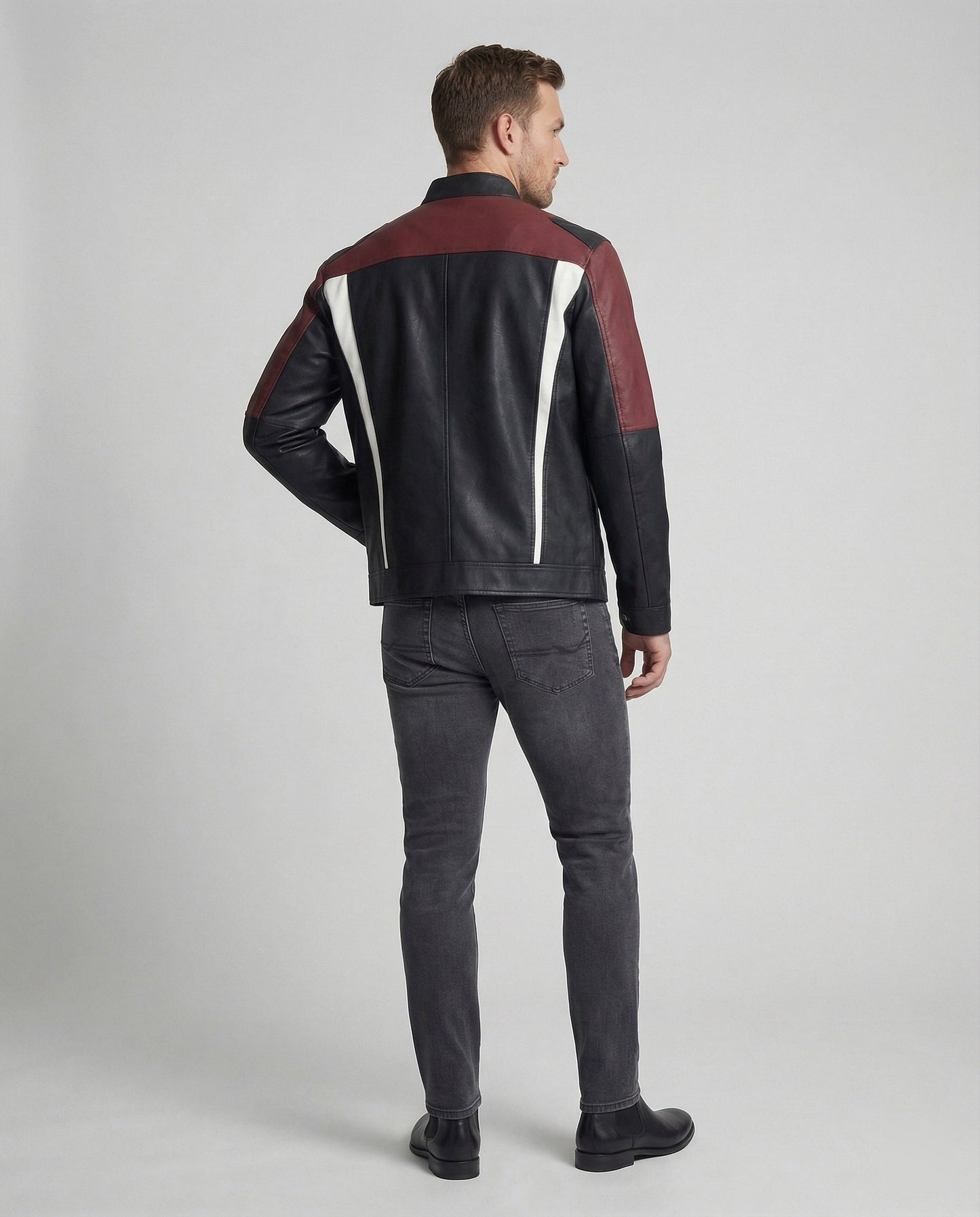 Herren Lederjacke Stehkragen Panel Design