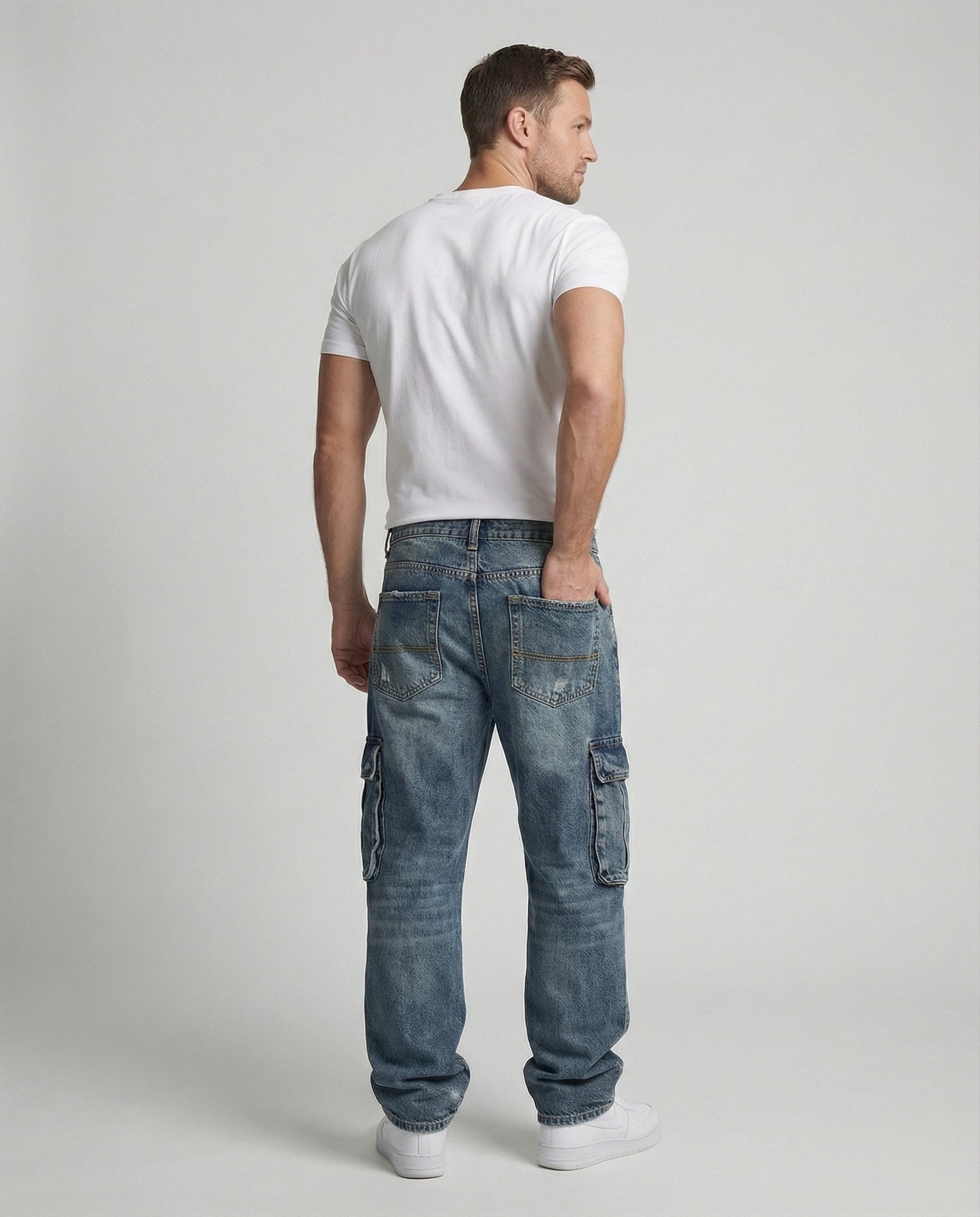 Herren Cargo Jeans Weite Bein Mit Taschen