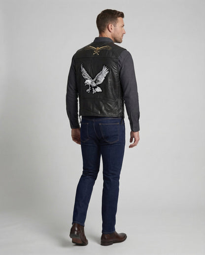 Herren Lederweste Biker Style Schwarz Leder - Eveloria