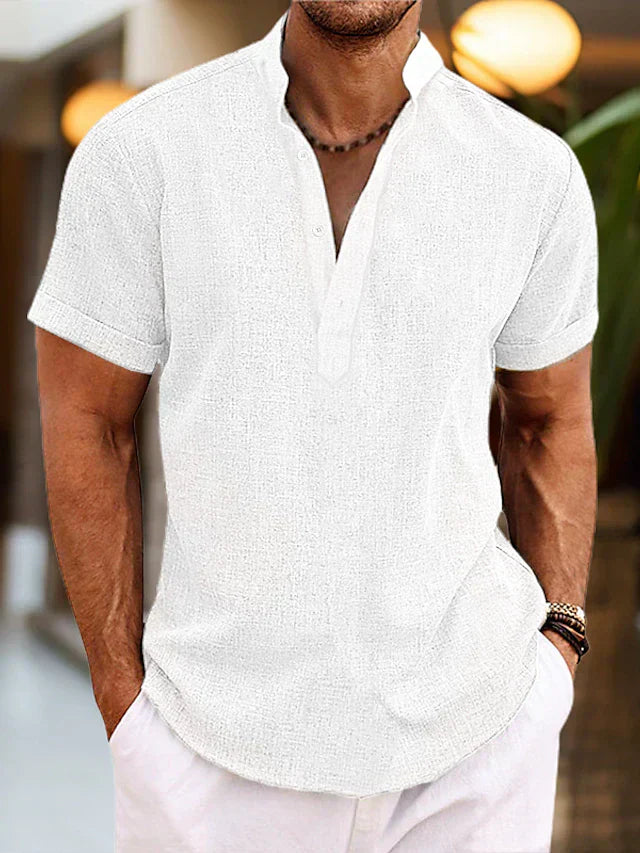 Herren Kurzarm Henley-Shirt Casual Baumwolle Weiß