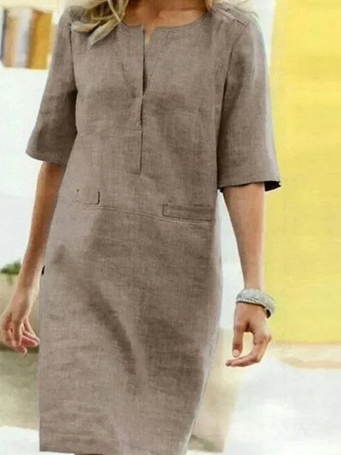 Damen Kurzarm Kleid Baumwolle Leinen Beige
