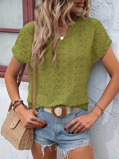 Eveloria Damen T-Shirt Eingekerbter Ausschnitt Lochstickerei