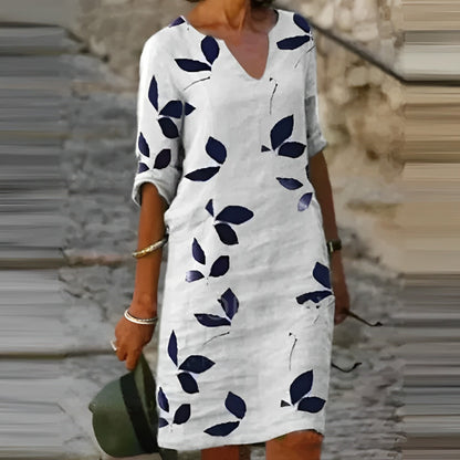 Damen Sommerkleid V-Ausschnitt Leicht Baumwolle Natur - Eveloria
