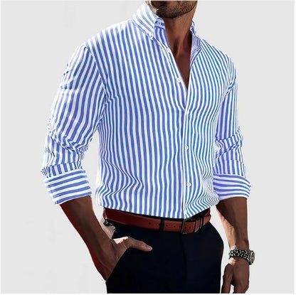 Herren Langarmhemd Streifen Baumwolle Relaxed Blau