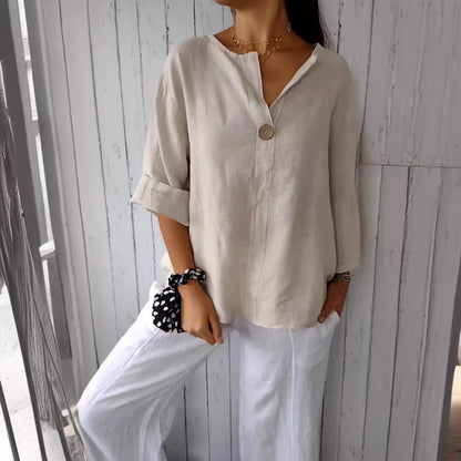 Damen Baumwoll T-Shirt V-Ausschnitt mit Knöpfen Leicht Beige