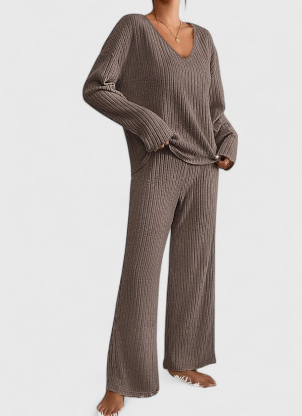 Damen Lounge-Set Rippstrick Weite Hose