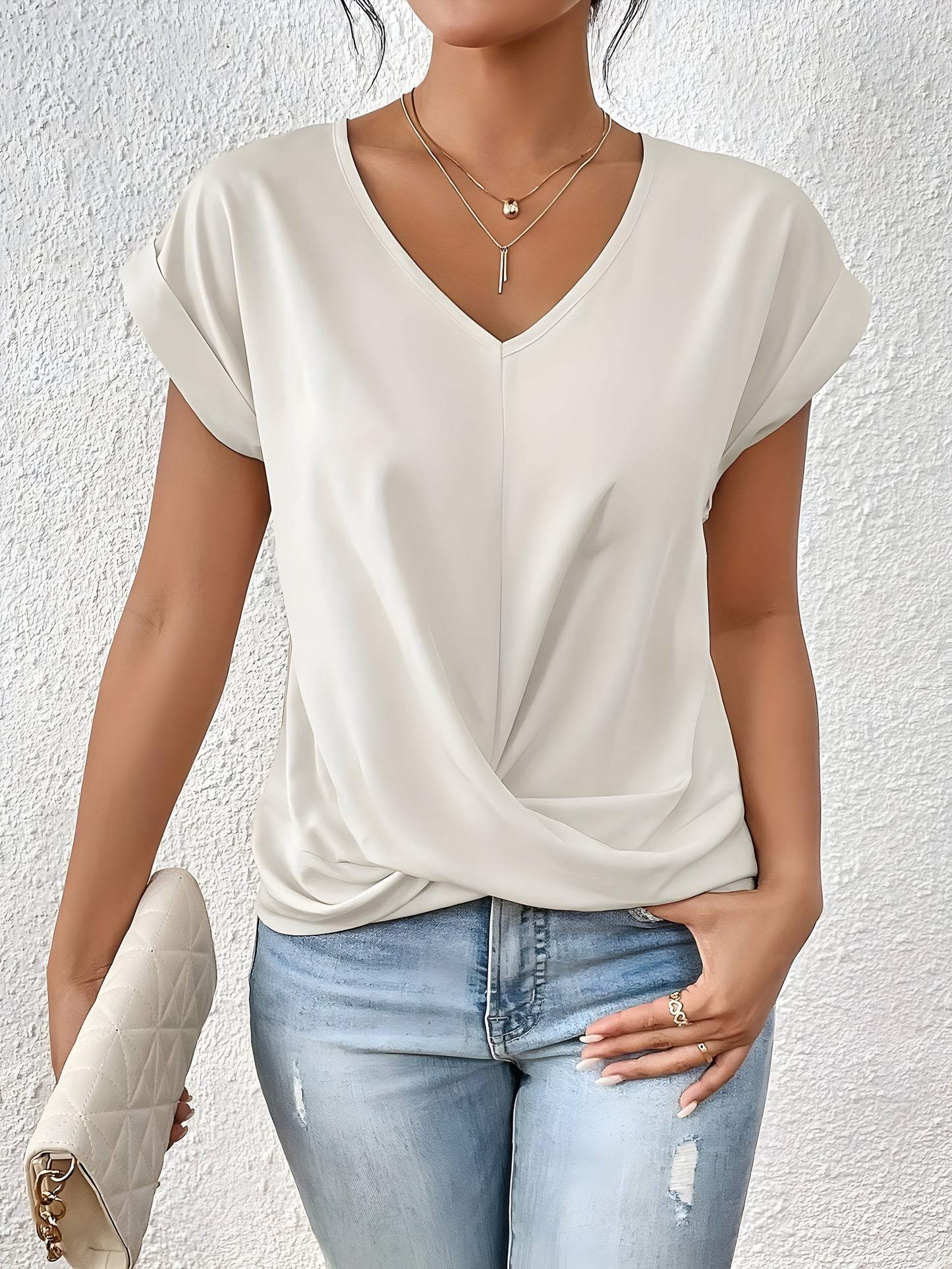 Damen T-Shirt V-Ausschnitt Einfarbig Kurzarm