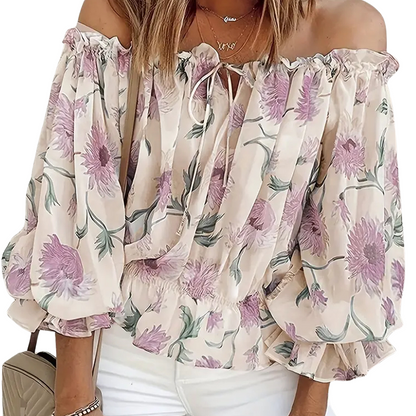 Damenbluse Schulterfrei Langer Puffärmel Floralmuster Sommerfarben