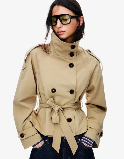 Damen Kurztrenchcoat Taillengürtel Wetterfest Schwarz - Eveloria