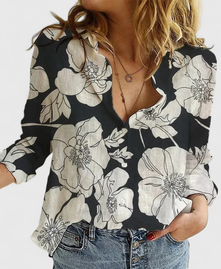 Damen Bluse V-Ausschnitt Knopfleiste Leicht Blau