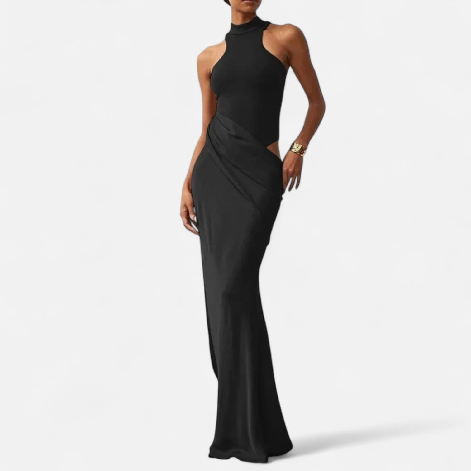 Damen Maxikleid Neckholder Cut-Out Kleid Schwarz - Eveloria