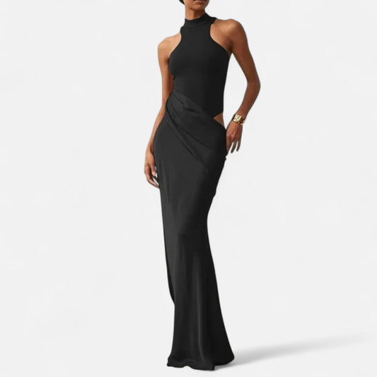 Damen Maxikleid Neckholder Cut-Out Kleid Schwarz - Eveloria