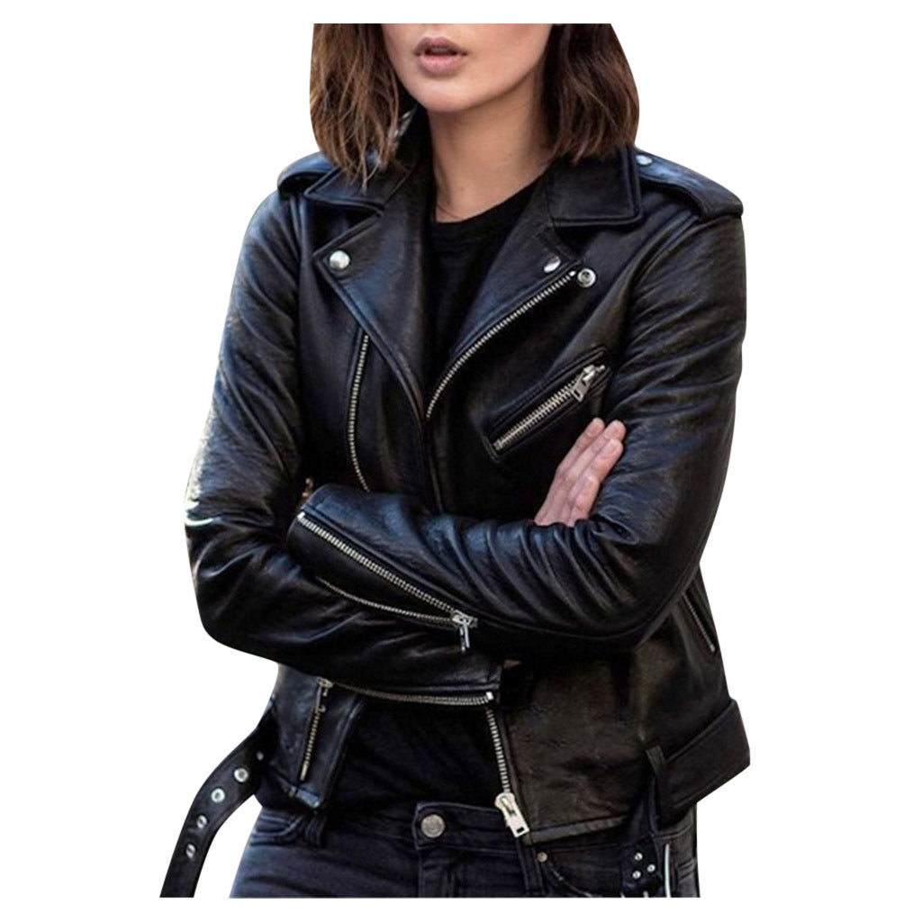 Eveloria Damen Lederjacke Reißverschluss Vintage Stil