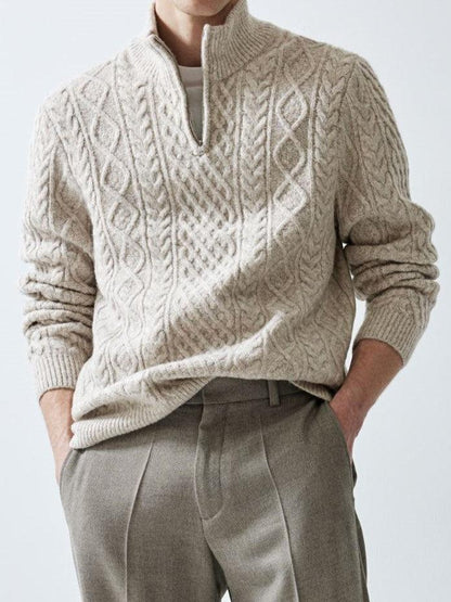 Felix Damen Zopfstrickpullover Halbreißverschluss Warm Beige