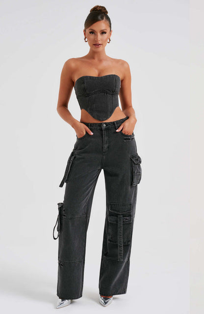 Damen Denim Cargo Hose Elegantes Design Blau