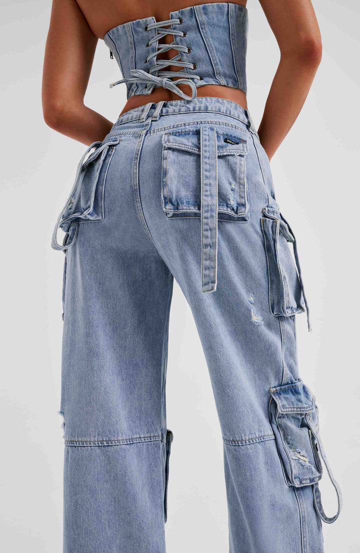 Damen Denim Cargo Hose Elegantes Design Blau - Eveloria