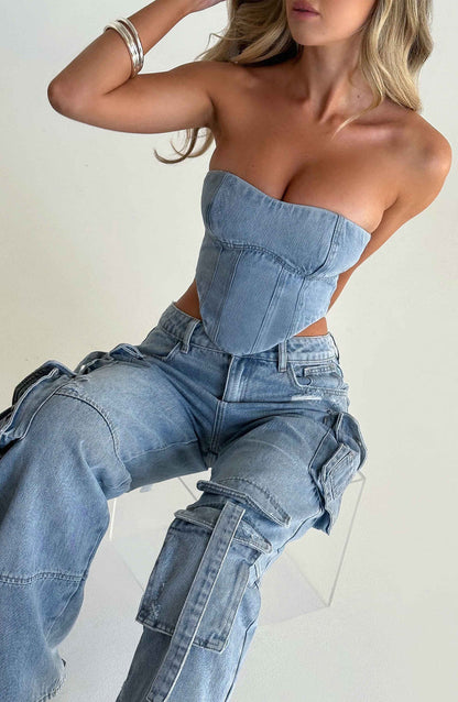 Damen Denim Cargo Hose Elegantes Design Blau
