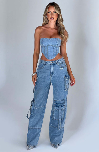 Damen Denim Cargo Hose Elegantes Design Blau