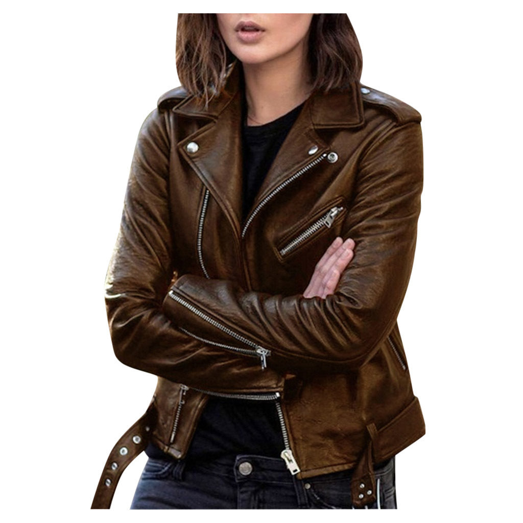 Eveloria Damen Lederjacke Reißverschluss Vintage Stil Schwarz - Eveloria