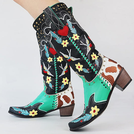 Damen Cowboy-Stiefel Bestickt Blumenmuster Braun - Eveloria