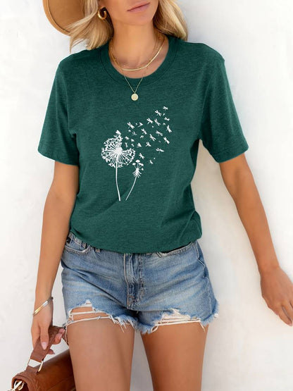 Eveloria Damen T-Shirt Löwenzahn-Print Rundhals Weiss