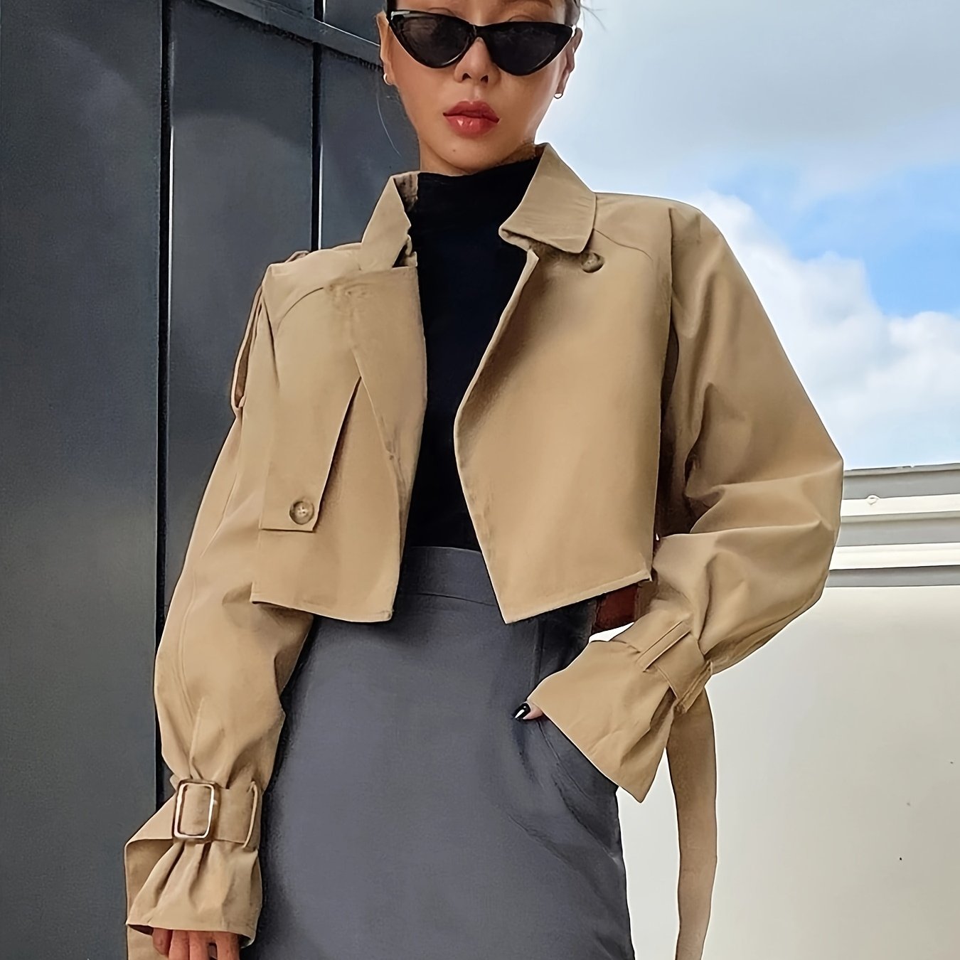 Damen Kurz-Trenchcoat High-Fashion Schwarz - Eveloria