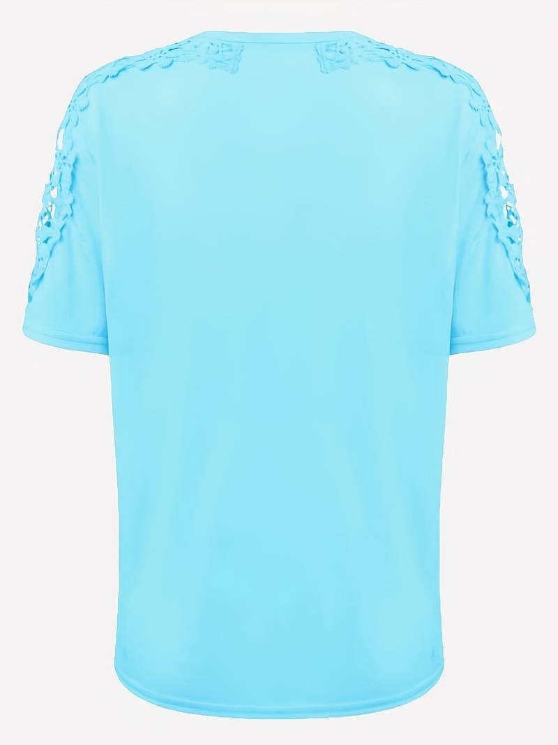 Eveloria Damen Rundhals T-Shirt Spitze Naht Einfarbig