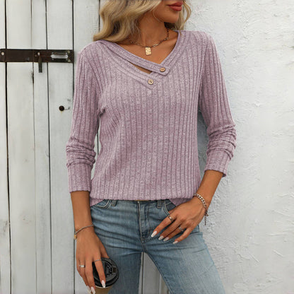 Damen Strickpullover V-Ausschnitt Knopfleiste
