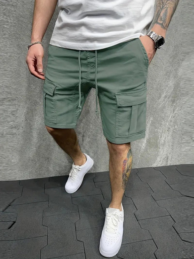 Herren Cargo Shorts Kordelzug Utility Taschen Beige