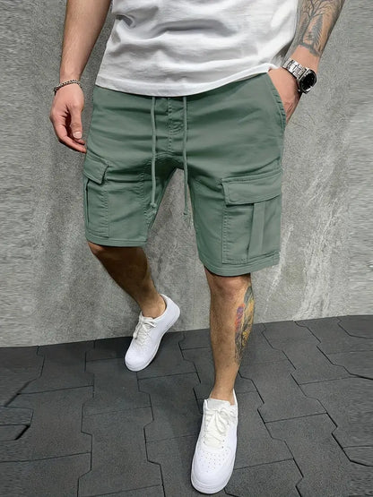Herren Cargo Shorts Kordelzug Utility Taschen Beige