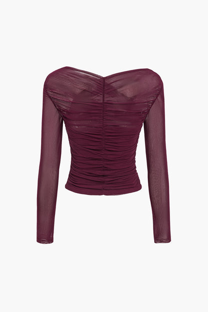 Damen Mesh-Oberteil mit Rüschen und langen Ärmeln
