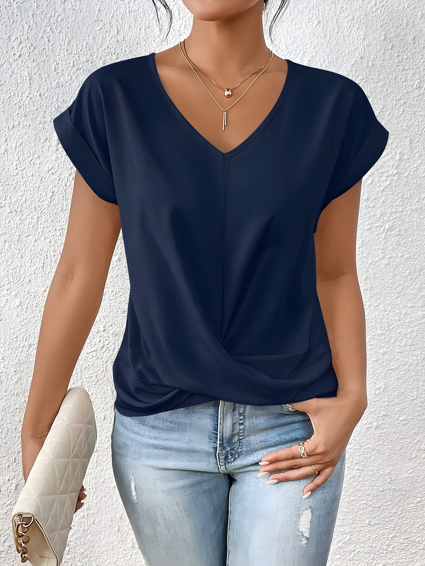 Damen T-Shirt V-Ausschnitt Einfarbig Kurzarm