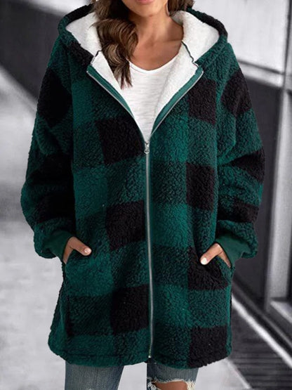 Eveloria Damen Fleece Kapuzenjacke Kariert Weich