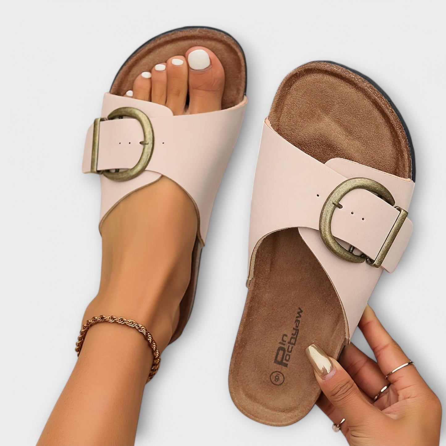 Eveloria Damen Slide Sandalen Schnalle Leder
