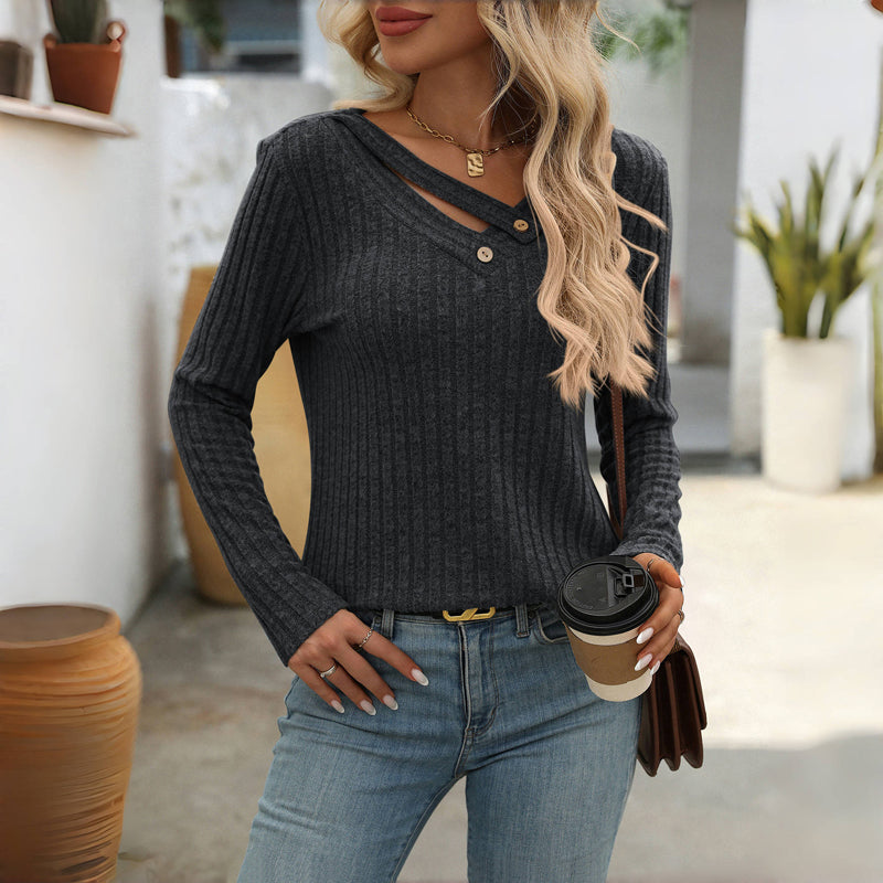 Damen Strickpullover V-Ausschnitt Knopfleiste