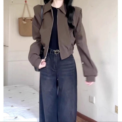 Damen Kurzjacke Braun Reißverschluss Langarm