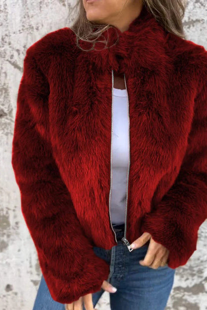 Damen Kunstpelz-Jacke Rollkragen Reißverschluss